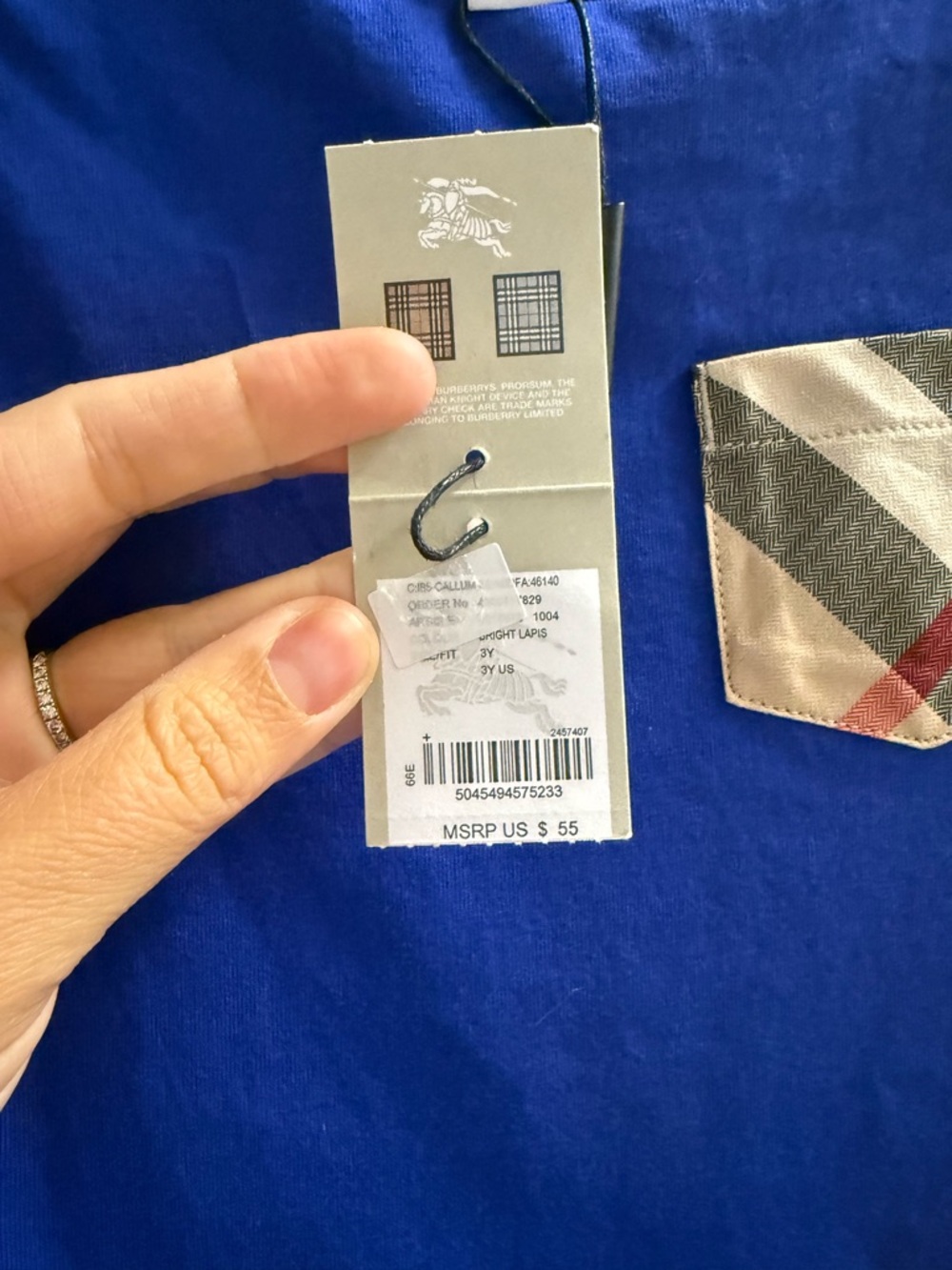 Burberry Royal Blue Short-Sleeve Tee with Plaid Pocket - Picture 3 of 4